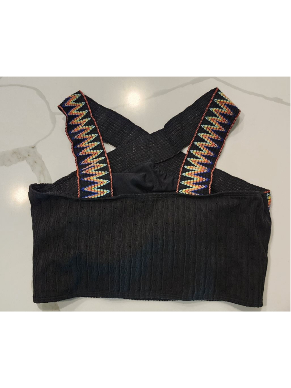 Black 1XL High Waisted Bikini Set Crisscross Straps Rainbow Embroidered Ribbed - Picture 4 of 12